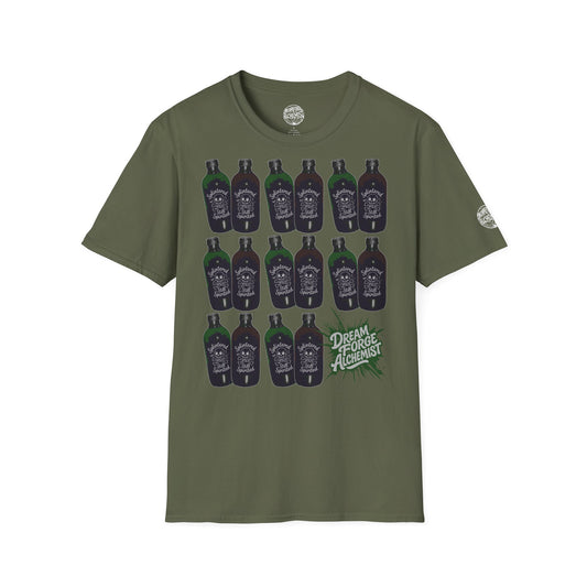 Alchemist Bottle Pattern T-Shirt — "Splintered But Still Spirited" Graphic Tee