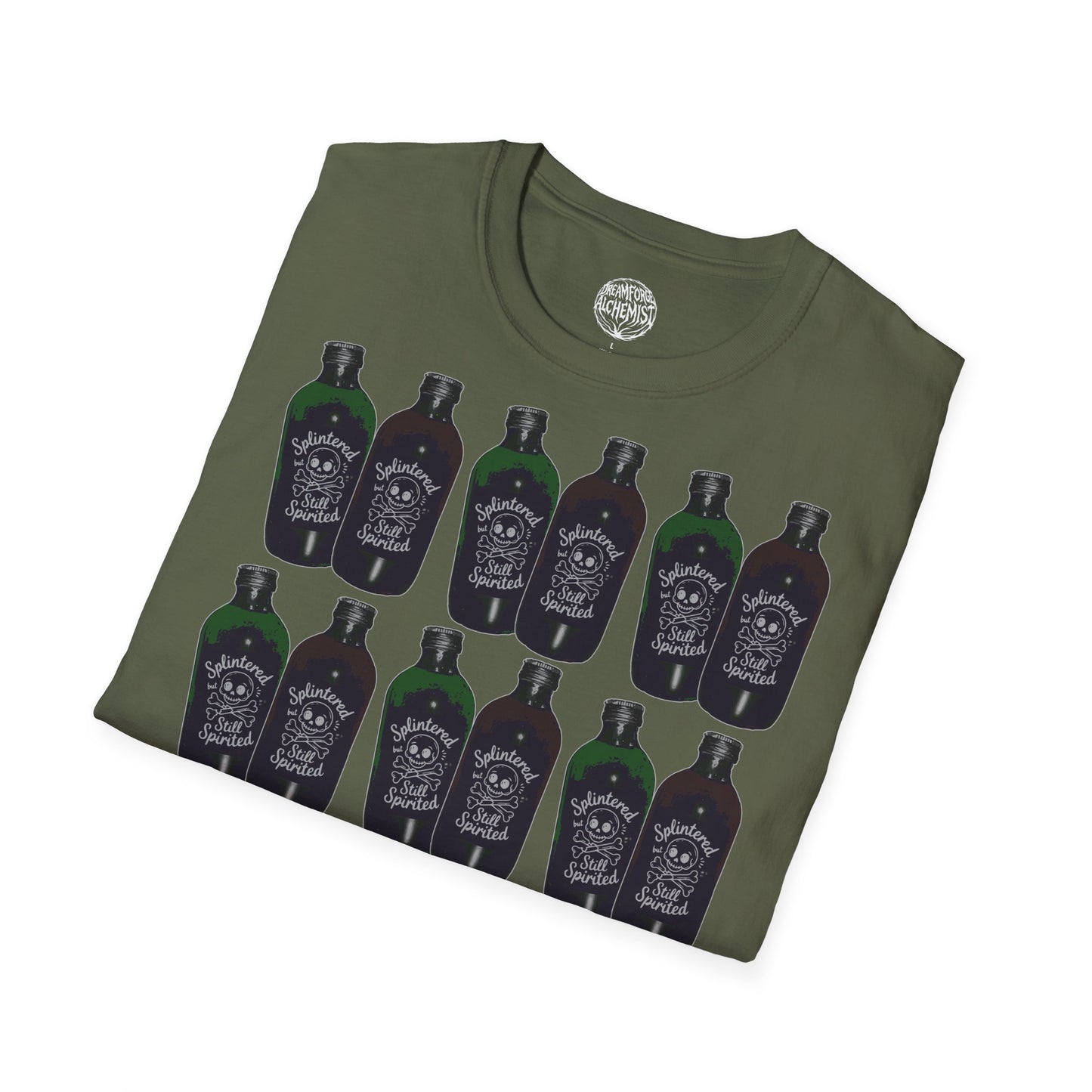 Alchemist Bottle Pattern T-Shirt — "Splintered But Still Spirited" Graphic Tee