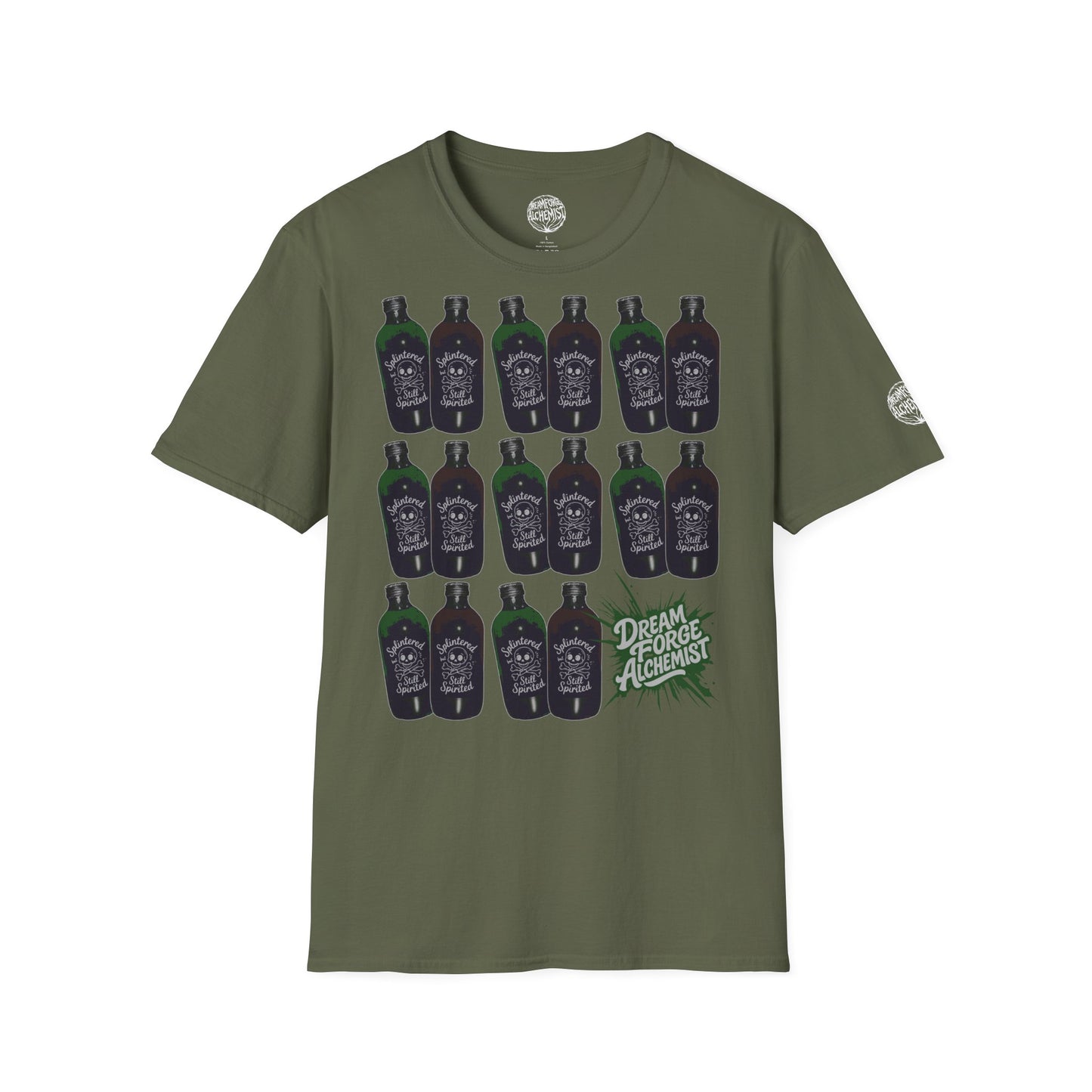 Alchemist Bottle Pattern T-Shirt — "Splintered But Still Spirited" Graphic Tee