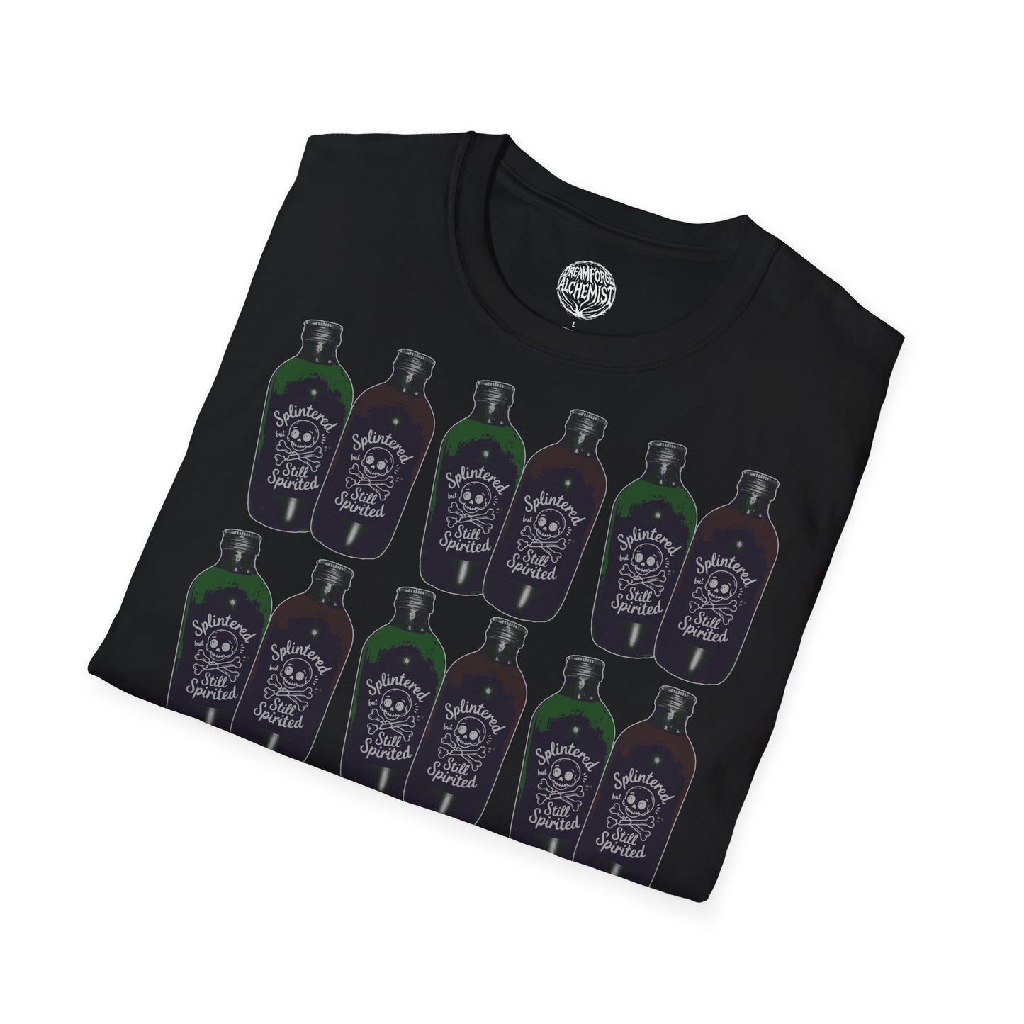 Alchemist Bottle Pattern T-Shirt — "Splintered But Still Spirited" Graphic Tee