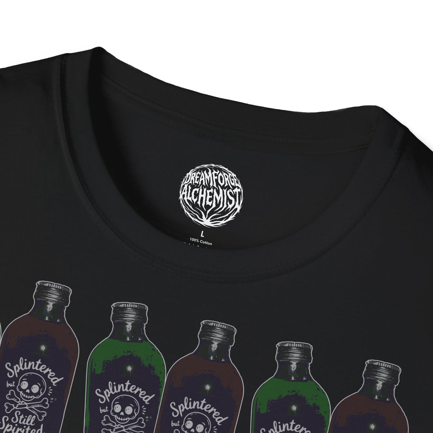 Alchemist Bottle Pattern T-Shirt — "Splintered But Still Spirited" Graphic Tee